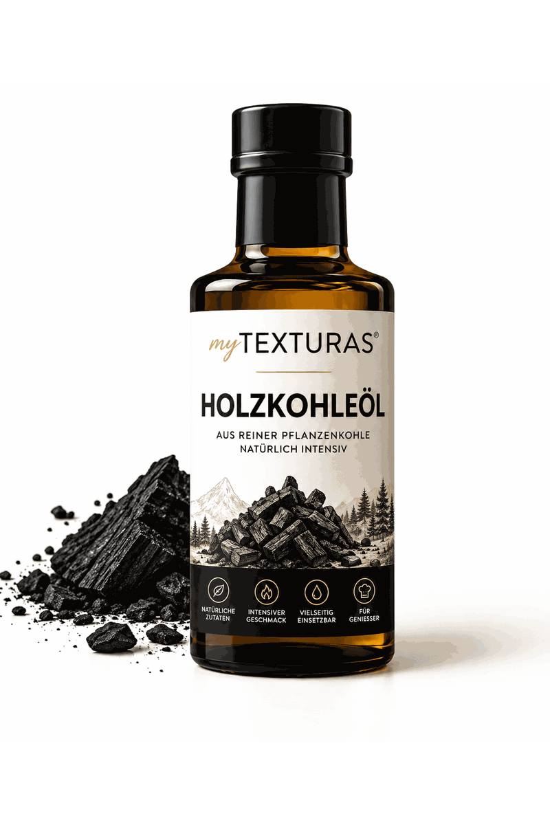 Flasche myTEXTURAS Holzkohleöl neben Holzkohlestücken