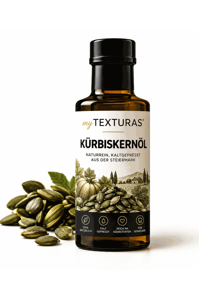 Flasche myTEXTURAS Kürbiskernöl neben Kürbiskernen
