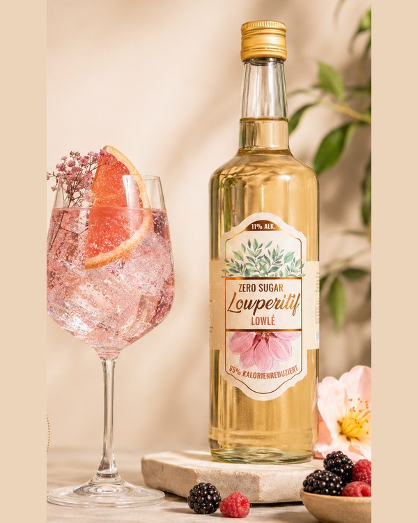 Flasche Louperitif Lowlé mit Spritz im Glas