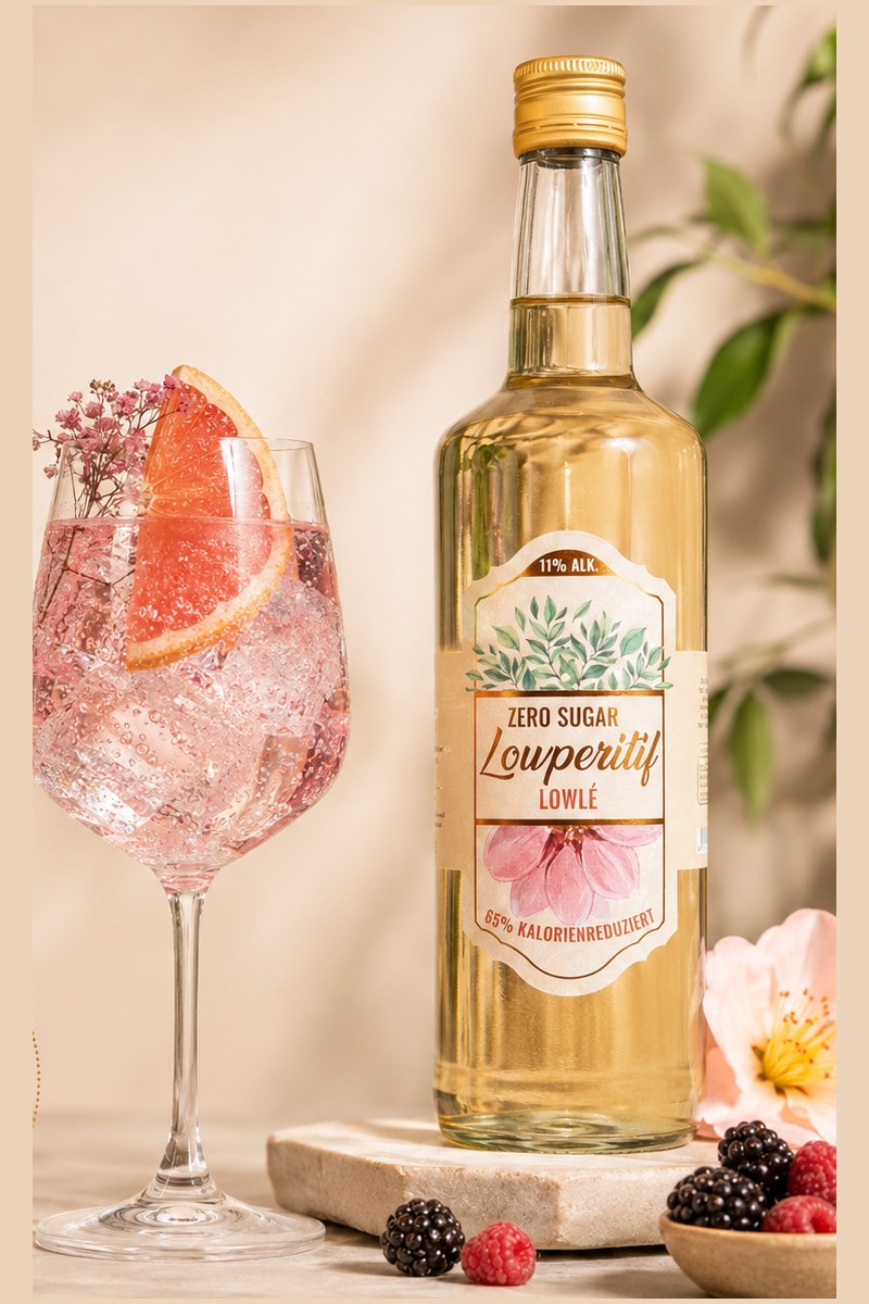Flasche Louperitif Lowlé mit Spritz im Glas