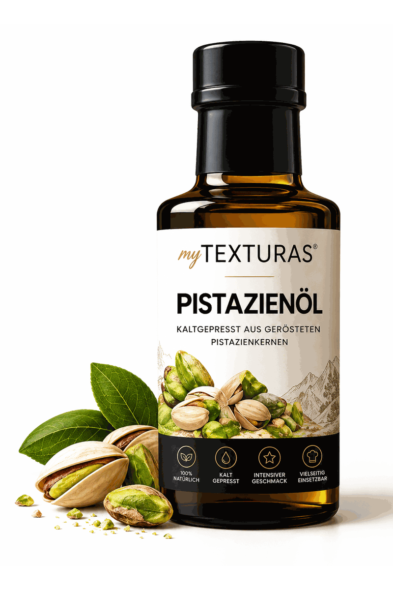 Flasche myTEXTURAS Pistazienöl neben Pistazienkernen