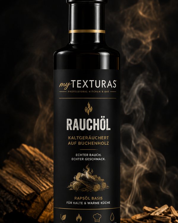 Flasche myTEXTURAS Rauchöl vor Buchenscheiten und aufsteigendem Rauch