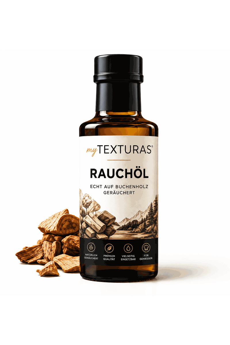 Flasche myTEXTURAS Rauchöl neben Buchenholzstücken