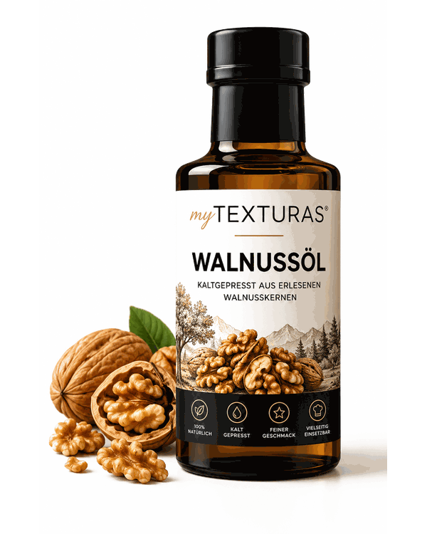 Flasche myTEXTURAS Walnussöl neben Walnüssen
