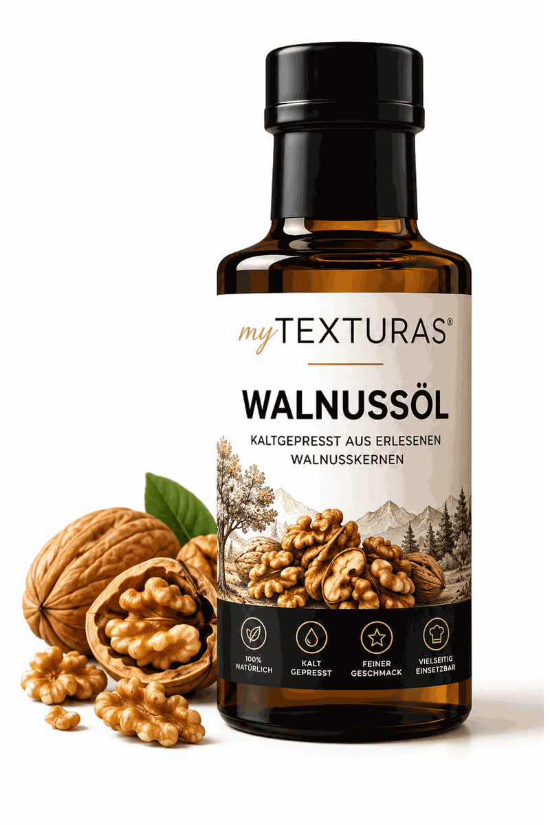 Flasche myTEXTURAS Walnussöl neben Walnüssen